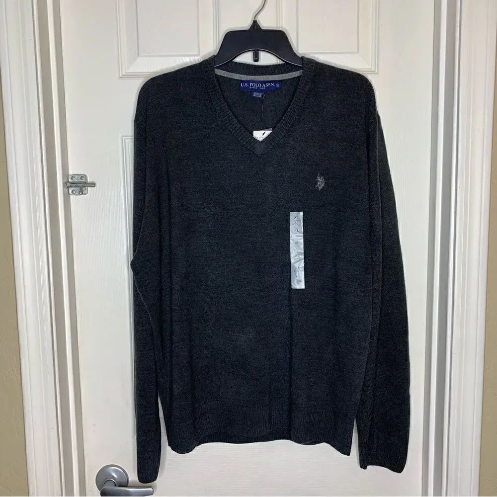 US Polo Association Mens B Neck Sweater Charcoal Heather Size XL